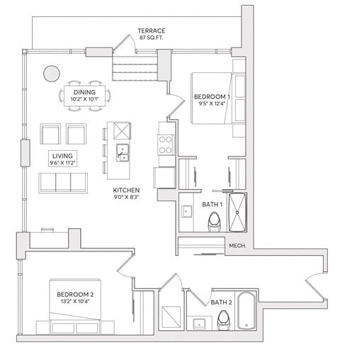 Floor plan for 2 beds, 2 baths, 840 sqft
